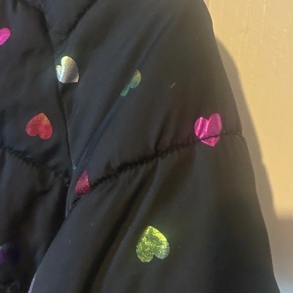 Kids Old Navy Black Puffer Jacket Rainbow‎ Metallic Hearts Size M 8